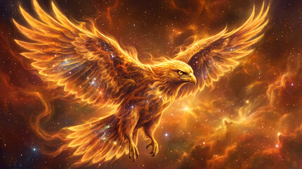 Fototapeta premium Digital illustration of a mythical fire bird soaring through deep space nebula, glowing golden feathers and cosmic dust clouds. Fantasy, mythology, astral travel, magic.