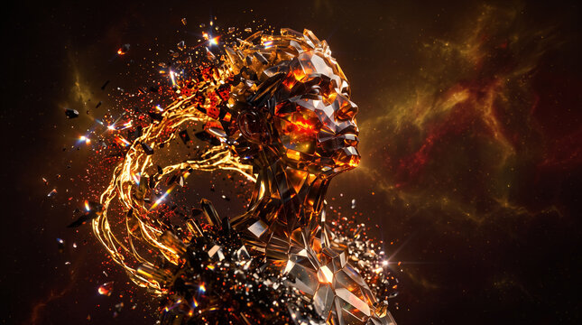 3D render of a fragmented golden human head dissolving into glowing particles and shards, cosmic nebula background. Sci-fi, digital art, futuristic concept, technology, abstract expression.