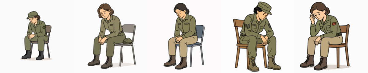Obraz premium A set of vector illustrations of a female soldier slumped over, looking dejected due to numerous problems.