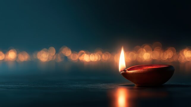 Warm glowing oil lamp with flame reflecting on smooth surface against blurred festive lights in dark background creating a peaceful ambiance