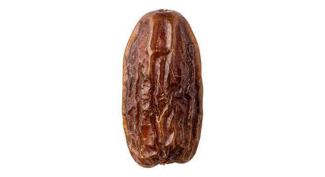 Single dried date fruit with wrinkled skin on a white background