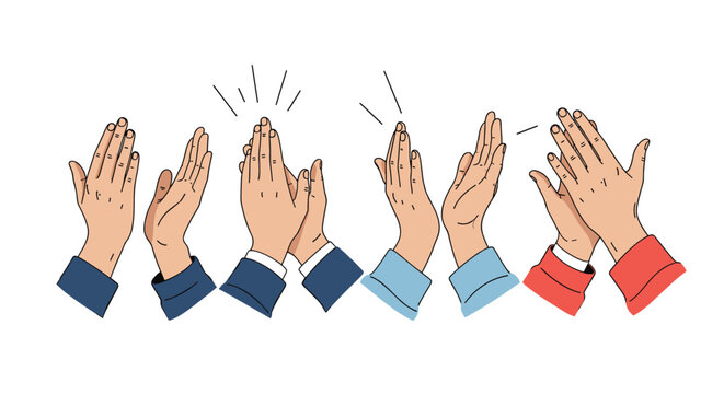 Multiple diverse hands clapping together to applaud a performance, showing crowd appreciation and team support.