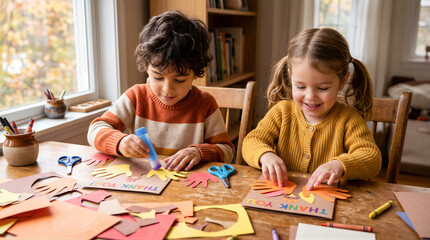Obraz premium Two young children sit at a wooden table making handmade Thanksgiving cards with paper handprint turkeys and glue. Family Thanksgiving day, autumn celebration concept with copy-space.