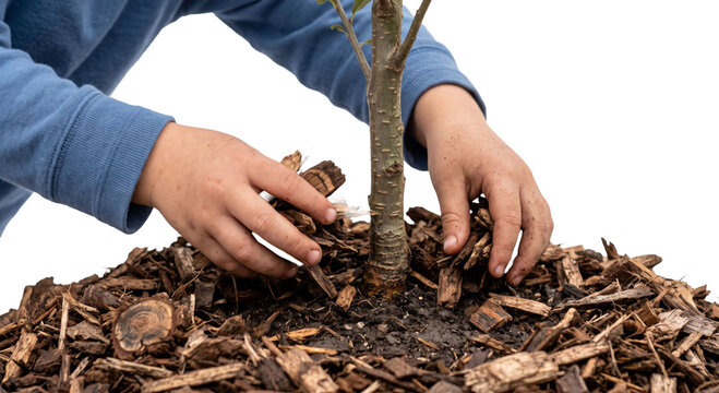 Child's hands carefully mulching around a young tree trunk with wood chips