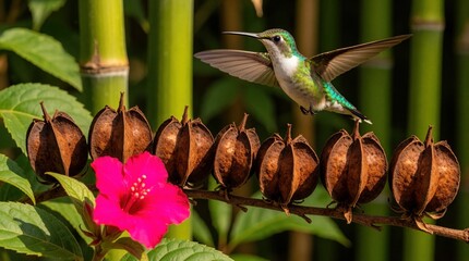 Obraz premium Tiny hummingbird hovers near dry seed pods and bright pink flower. Bird with iridescent green feathers flies near tropical plants and bamboo stalks. Macro shot captures nature detail.