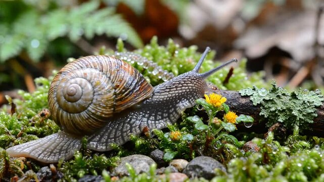 Close-up of a snail crawling through lush green moss, showcasing its intricate shell and glistening trail, with delicate yellow flowers.