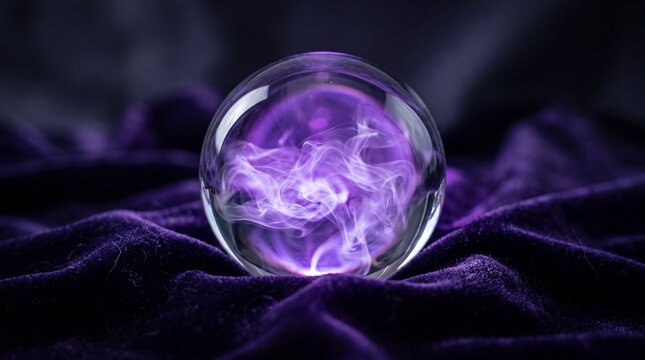 Mysterious glowing purple smoke swirls within a clear crystal ball on dark velvet fabric