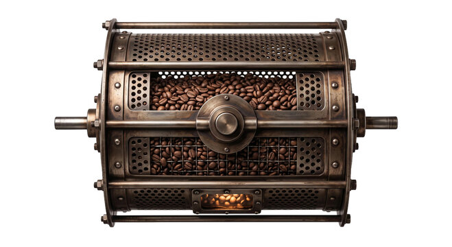 Vintage coffee roaster machine filled with roasted coffee beans