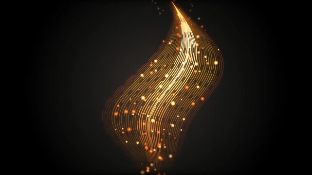 Abstract golden wave background featuring glowing particle lights and flowing lines moving gracefully against a dark cinematic backdrop.