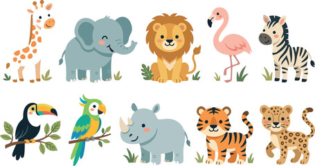 Naklejka premium Set of cute cartoon wild animals including lion elephant giraffe zebra tiger rhino and exotic birds for kids design