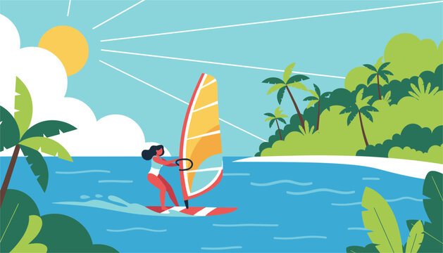 Athletic woman glides across the water on a windsurf board near a tropical beach with palm trees and sun.