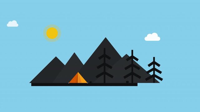 A seamless 15-second looping minimalist flat vector 2D animation divided into two distinct 7.5-second phases for video rendering in MOV format. The first 7.5 seconds features a daytime pop-up sequence