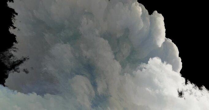A giant white storm cloud surges upward against a solid dark backdrop. Massive volumetric steam formations expand with natural fluid power.