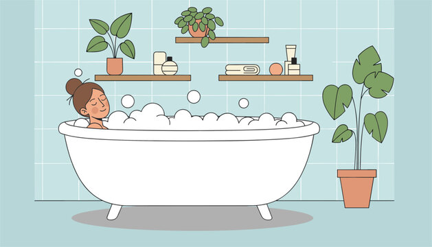 Happy relaxed woman enjoys a warm bubble bath in a cozy modern bathroom filled with green potted plants.