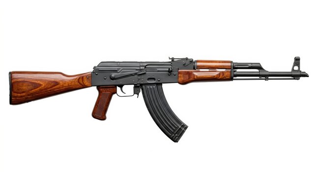 Military Kalashnikov AKM assault rifle fully assembled on a plain white background.
