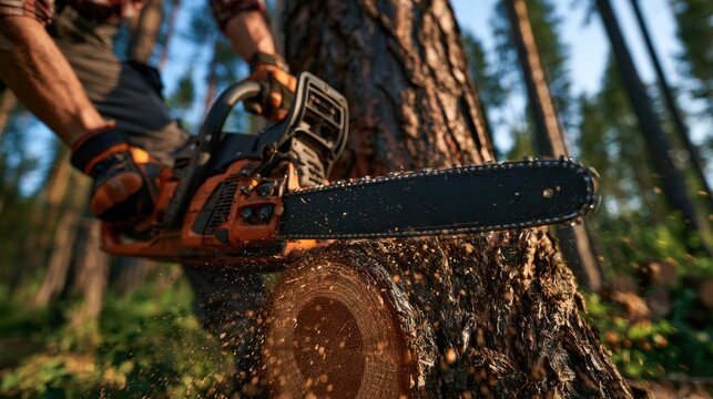 Close-up of a chainsaw slicing through a tree trunk in a forest, with sawdust flying and sunlight highlighting the wood grain and bark texture.