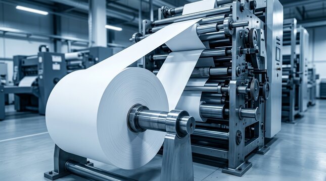 Printing and packaging production line featuring an industrial paper roll machine.
