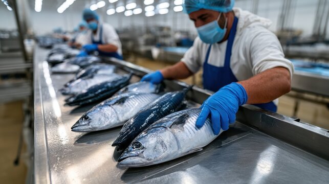 Workers in a seafood processing facility sort fresh fish on a stainless steel conveyor, emphasizing hygiene and quality control.