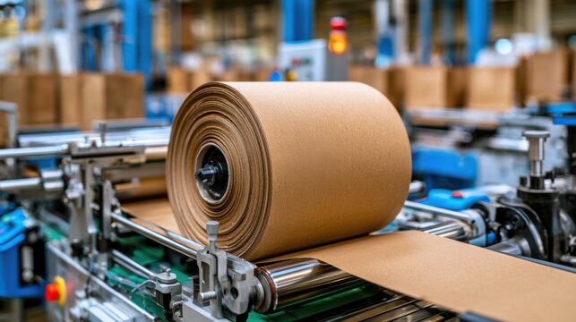 Industrial machine unwinding brown kraft paper roll in a gift bag production line, highlighting eco-friendly manufacturing.