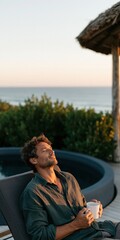 Obraz premium Relaxed man enjoying coffee on seaside terrace at sunrise for vacation and lifestyle background or banner design