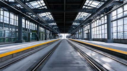 Obraz premium Modern train station platform with empty tracks glass walls and steel beams under bright daylight