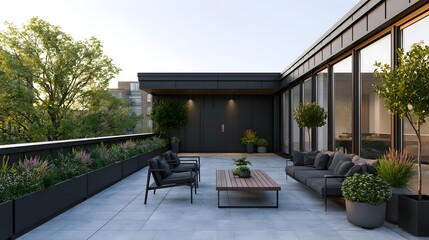 Obraz premium Modern rooftop terrace with sleek black furniture wooden table potted plants and glass walls under soft daylight
