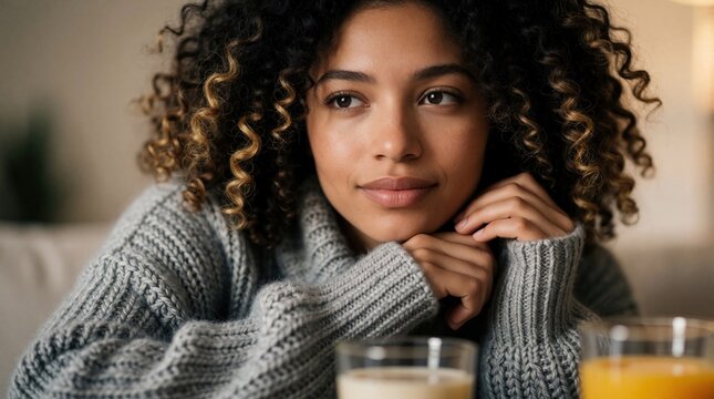 Young mixed race woman with curly hair wears cozy sweater indoors. Female holds warm drink cup, relaxing in soft light. Natural beauty, comfortable home mood, autumn winter vibes.