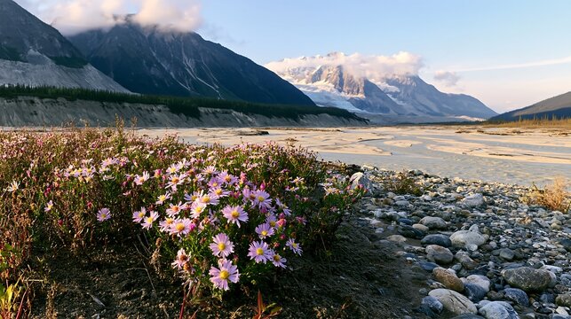 Colorful aster meadow near river and mountains at sunset