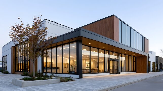 Modern commercial building with glass facade  wooden cladding  and clean architectural lines under soft daylight