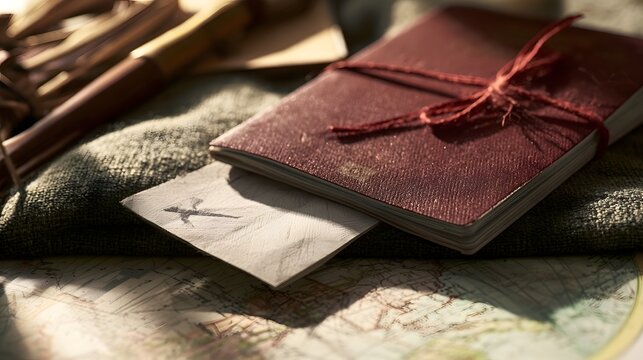 A burgundy leather bound notebook tied with red string rests on a textured fabric over an old map  with a vintage airline ticket partially visible