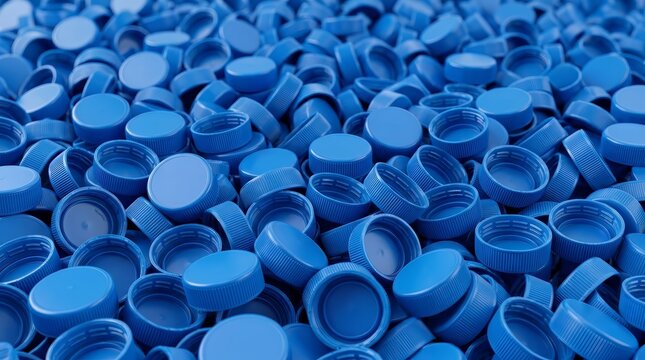 Background of blue plastic bottle caps during recycling collection and processing.