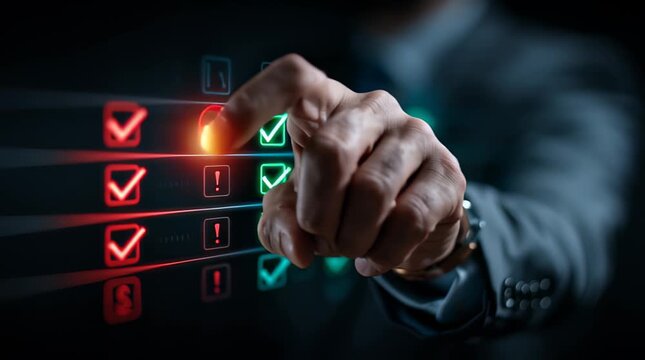 Man checking tasks with red and green indicators at a digital interface during office hours