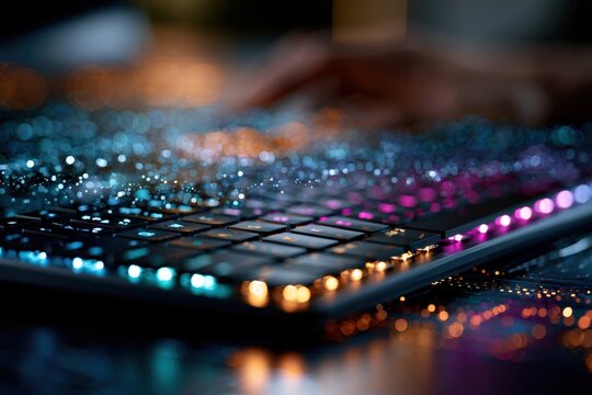 Vibrant illuminated keyboard with colorful glowing keys reflecting light on glossy surface in low light digital workspace environment