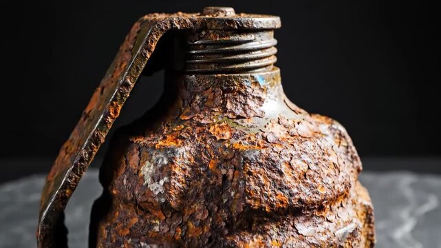 Close-up of a heavily rusted, old hand grenade against a dark background, showcasing corrosion and decay.