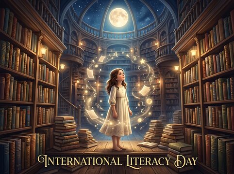 Young girl standing in a magical glowing library celebrating international literacy day with books