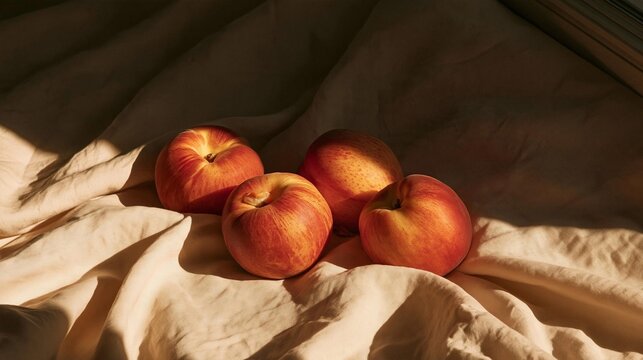 Four red apples lying on a white cloth. the apples are arranged in a triangular formation, with the largest apple in the center and two smaller ones on either side.