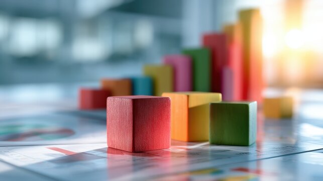 Colorful wooden blocks arranged on financial charts with rising bar graph in background symbolizing business growth and data analysis sunlight reflection