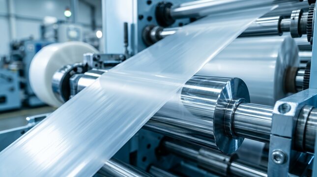 Polyethylene plastic film moving through a high-speed production machine in a light blue scene.