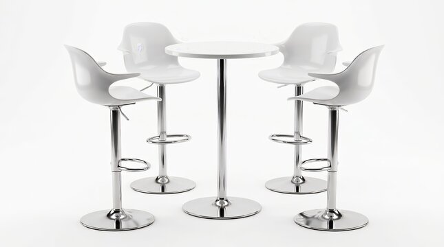 Minimalist bar stools and a circular table furniture set isolated on white.
