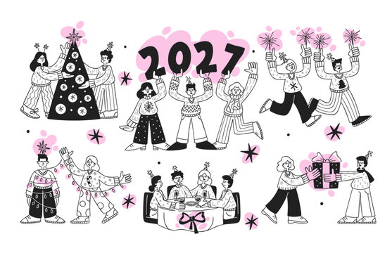People Celebrating New Year Party Line Art