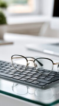 Stylish eyeglasses resting on a sleek black wireless keyboard on a modern glass office desk with a bright workspace background