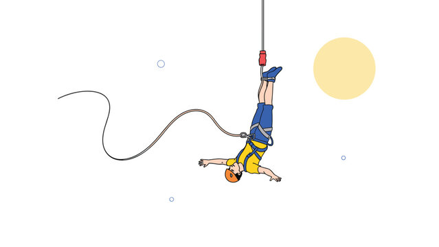 Thrilling bungee jumper hanging upside down on an elastic rope high in the sky under the bright summer sun.