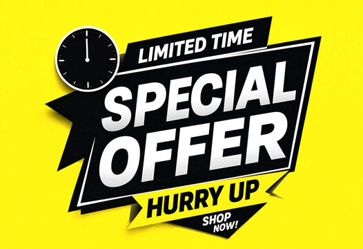 Bright yellow limited time special offer sale banner with clock graphic for promotions and discounts