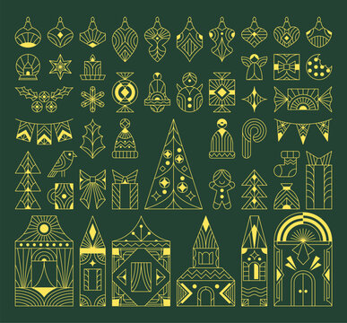 Christmas Icons Set Art Deco Line
