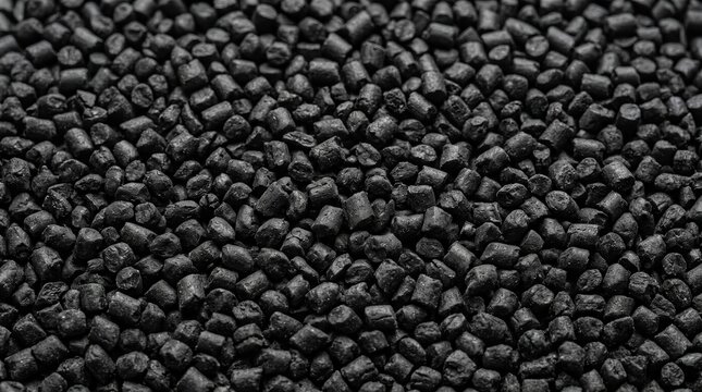 Black plastic granules background showing a granular polymer texture.