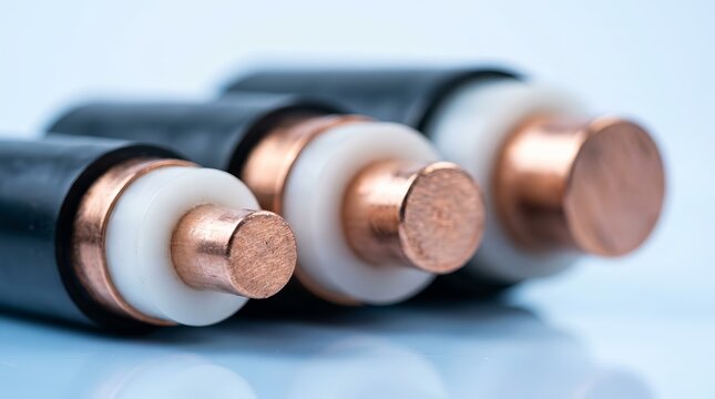 Macro view of various high voltage copper cable cross-sections in an industrial setting.