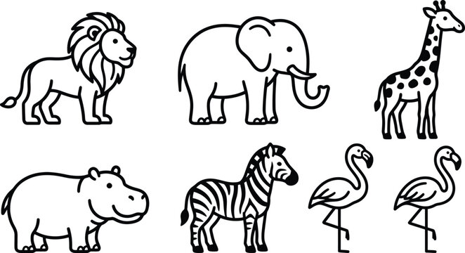 Cute cartoon safari animal set featuring a lion elephant giraffe hippo zebra and flamingos in a simple line art style