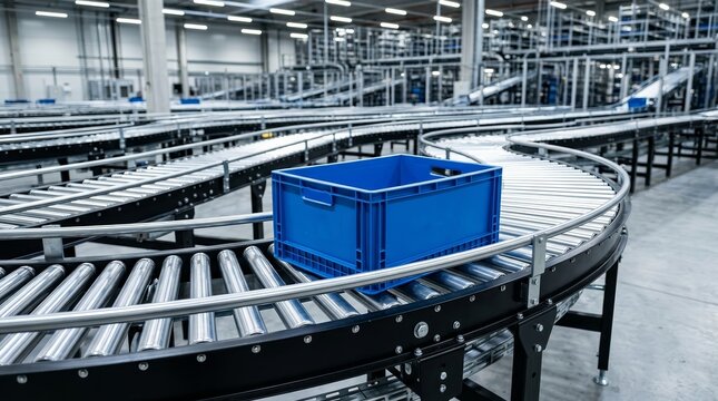 Production line conveyor roller transportation of objects including a blue plastic box.