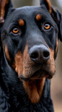 Intense portrait of a black and brown large dog with deep amber eyes showing alert and focused expression in natural outdoor setting