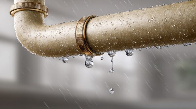 Vintage metal water pipe with leaks dripping rainwater during a storm on a blurred urban background showing wear and water damage